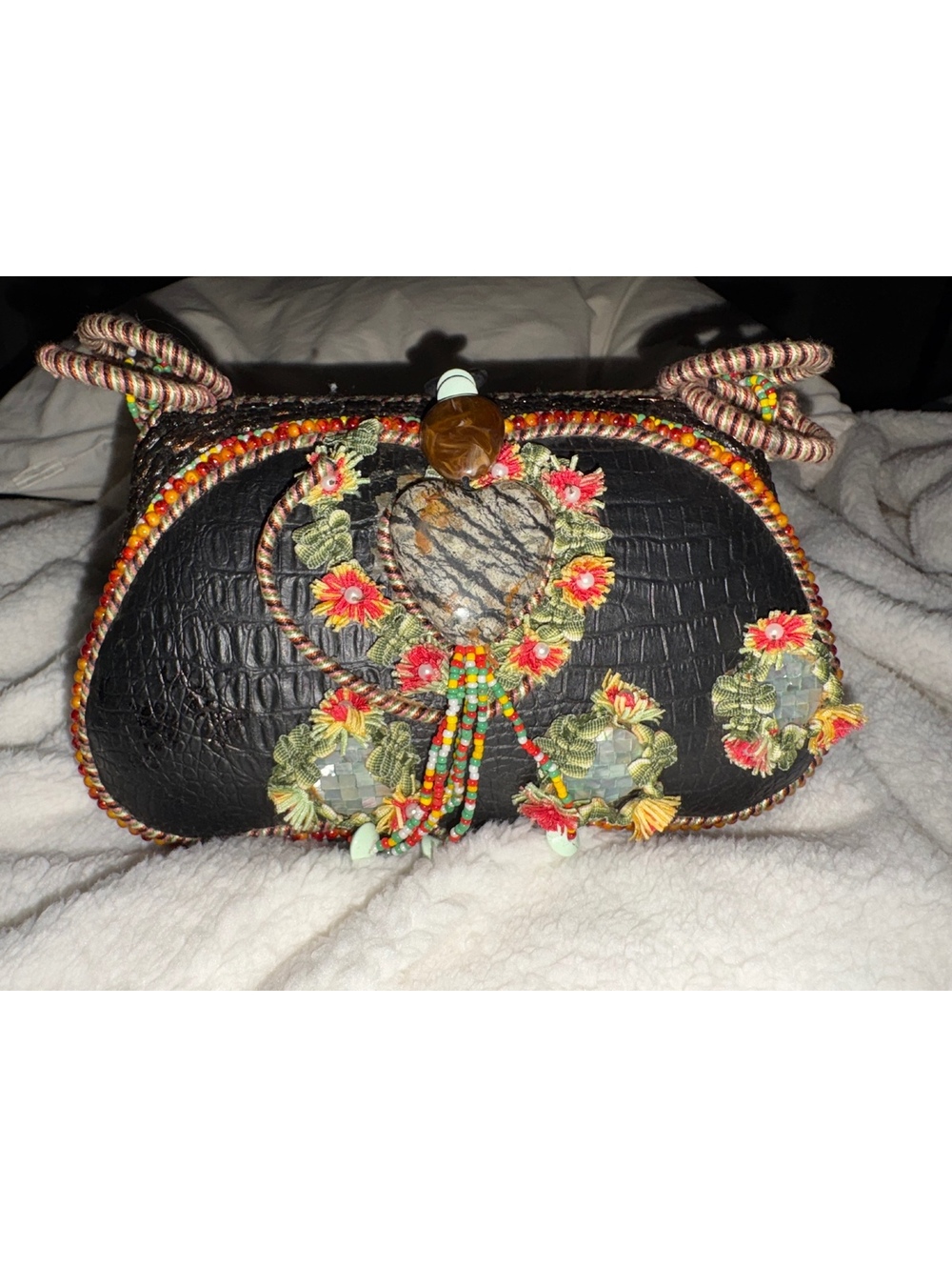 Mary Frances Beaded Floral Heart Stone Shoulder Bag Black Boho Art Pur